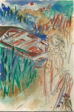 Girl With Baby &amp; A Boat, Diane Pantanello, Mixed Media on Rag Mat, Postcard #52, $TBD
