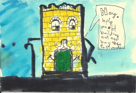 Hey Help An Old Building Out, James P. Morris, Ink On Rag Mat, Postcard #97, $TBD
