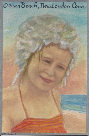 Kathy Jul 1968 ocean Beach New London, Holly Alligood, Acrylic paint on Rag Mat, Postcard #72, $TBD
