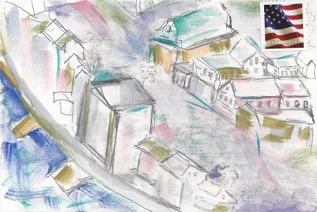 New London City Street Scene, Unknown Artist, Paint on Rag Mat, Postcard #90, $TBD