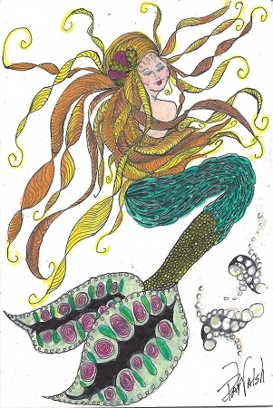 New London Mermaid, Pat Walsh, Ink On Rag Mat, Postcard #111, $TBD