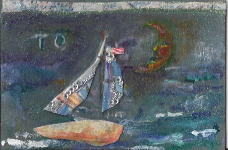 Night Sail in New London, Diane Pantanello, Mixed Media on Rag Mat, Postcard #53, $TBD