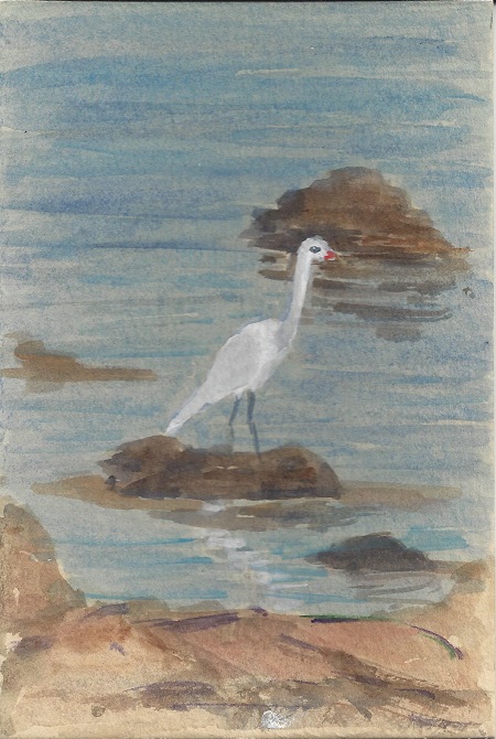Egret, Joan Carew, Watercolor On Rag Mat, Postcard #18, $TBD