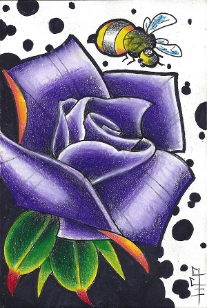 Purple Rose With Bee, J.J.H. of New London Ink, Ink and Colored Pencil On Rag Mat, Postcard#3, $TBD