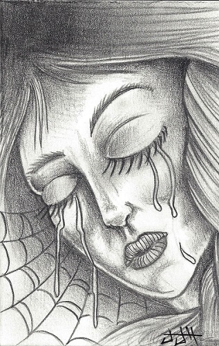 Crying Woman With Web, J.J.H. of New London Ink, Graphite On Rag Mat, Postcard#2, $TBD