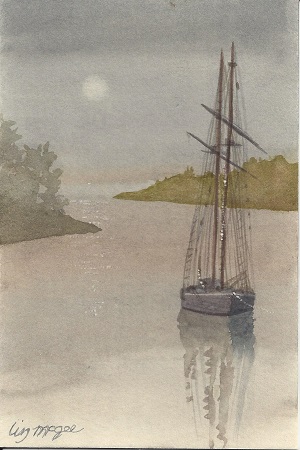 Sailboat, Liz McGee, Watercolor on Rag Mat, Postcard #79, $TBD