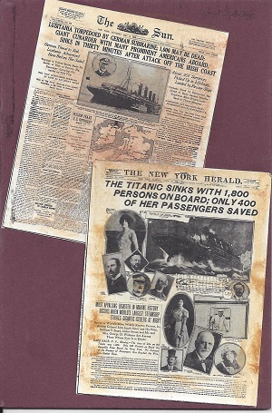 Titanic and Lusitania, Clark van der Lyke, Collage on Rag Mat, Postcard #58, $TBD