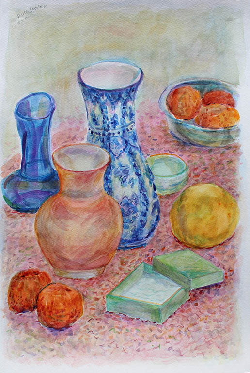 Vase & Fruit Still Life, Ruth Sussler, Watercolor, 16x20, $235