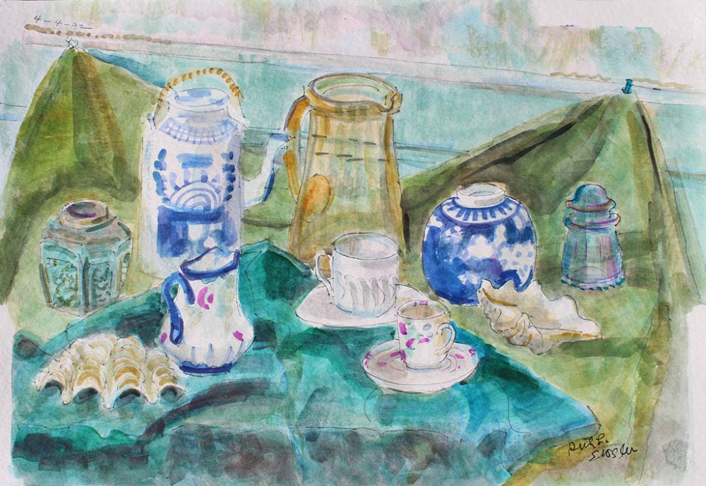 Tea Cups & Jars, Ruth Sussler, Watercolor, 20x16, $235