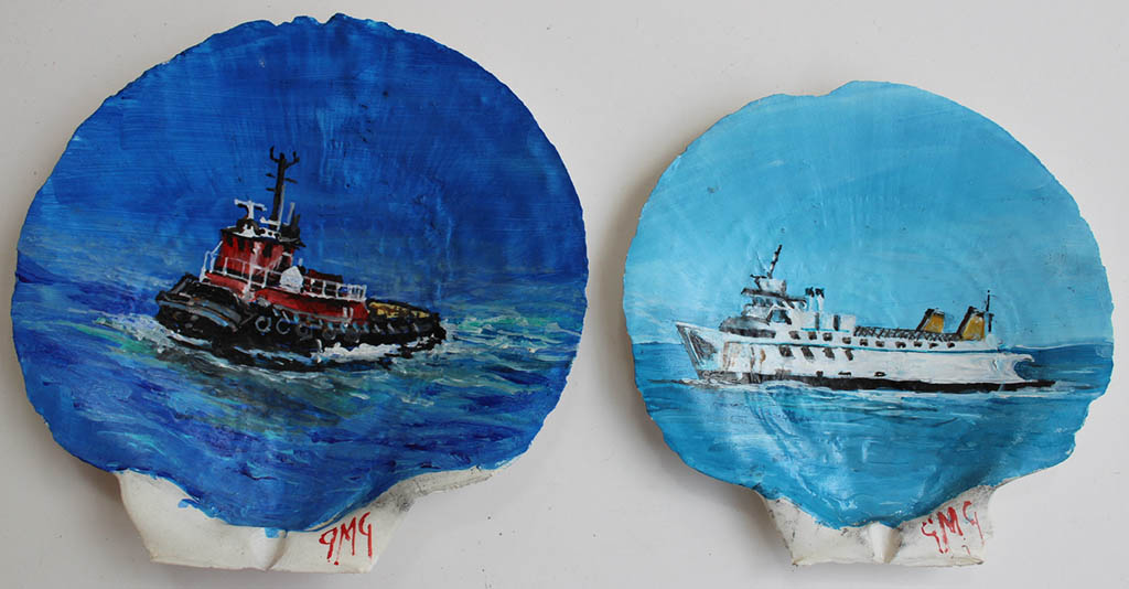 Hand painted shells by Gigi Mezzo Genovese $35. The Cross Sound Ferryboat Shell is Sold.
