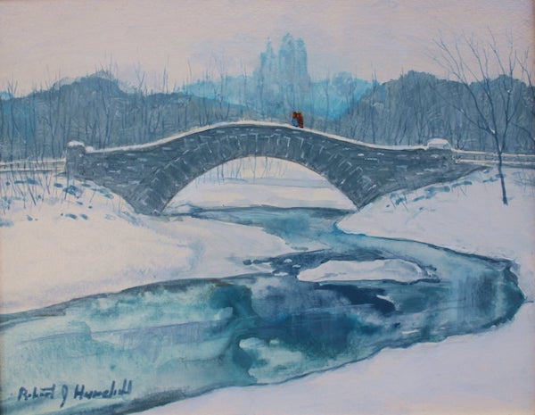 Winter Landscape Gapstow Bridge Central Park, Robert Hauschild, Acrylic, 12x14, $425