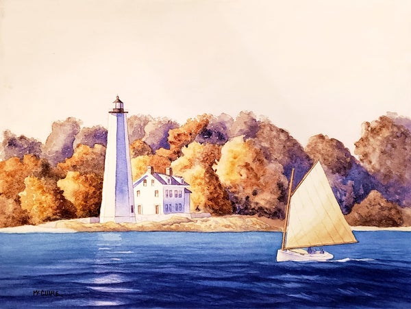 New London Harbor Light From Groton, John McGuire, Watercolor, 15x11, $350
