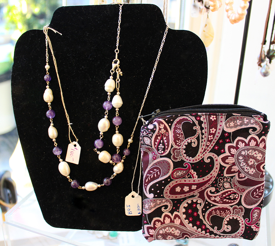 Blue Glass Inspirations - Silk, Zippered, Anti-Static Lined Bag, Gemstone, Pearl, Sterling Silver Necklace