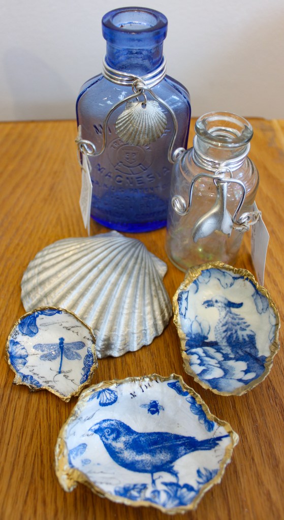 Ocean Originals, Local Artisan Lori McLain's Handmade Sea Glass Jewelry and Home Decor, Locally Sourced Sea Glass, Shells, Vintage Bottles, Collage Papers, with Wire Wrapped Pewter Accents