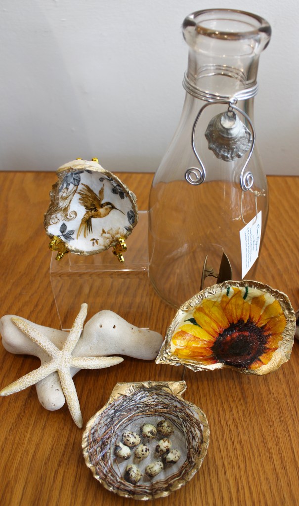 Ocean Originals, Local Artisan Lori McLain's Handmade Sea Glass Jewelry and Home Decor, Locally Sourced Sea Glass, Shells, Vintage Bottles, Collage Papers, with Wire Wrapped Pewter Accents