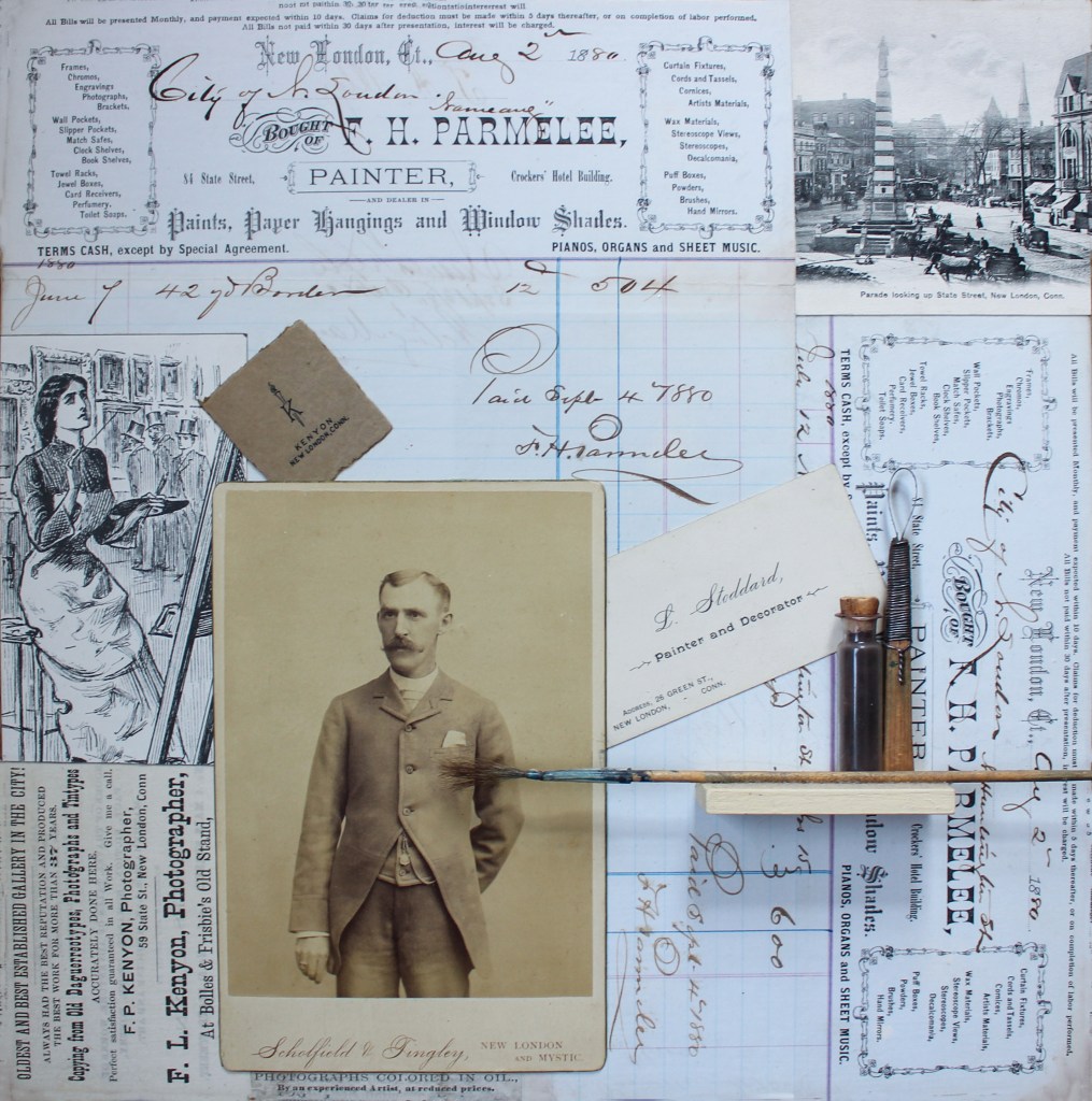 The Art of New London, Maurene Kennedy, Collage/Assemblage New London Antique Ephemera on Cradled Wood Panel, 12x12, $195